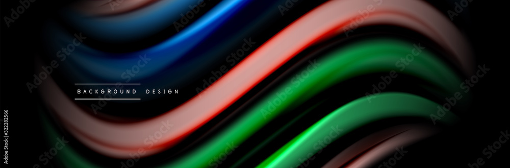 Silk and smooth flow wave poster design. Color waves, liquid style lines and shapes in black color background Silk and smooth flow wave poster design. Color waves, liquid style lines and shapes in black color background