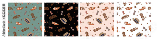 Set seamless pattern set men's clothes and accessories 1920s hat, butterfly, glasses, shoes. Vector men's suit on black background