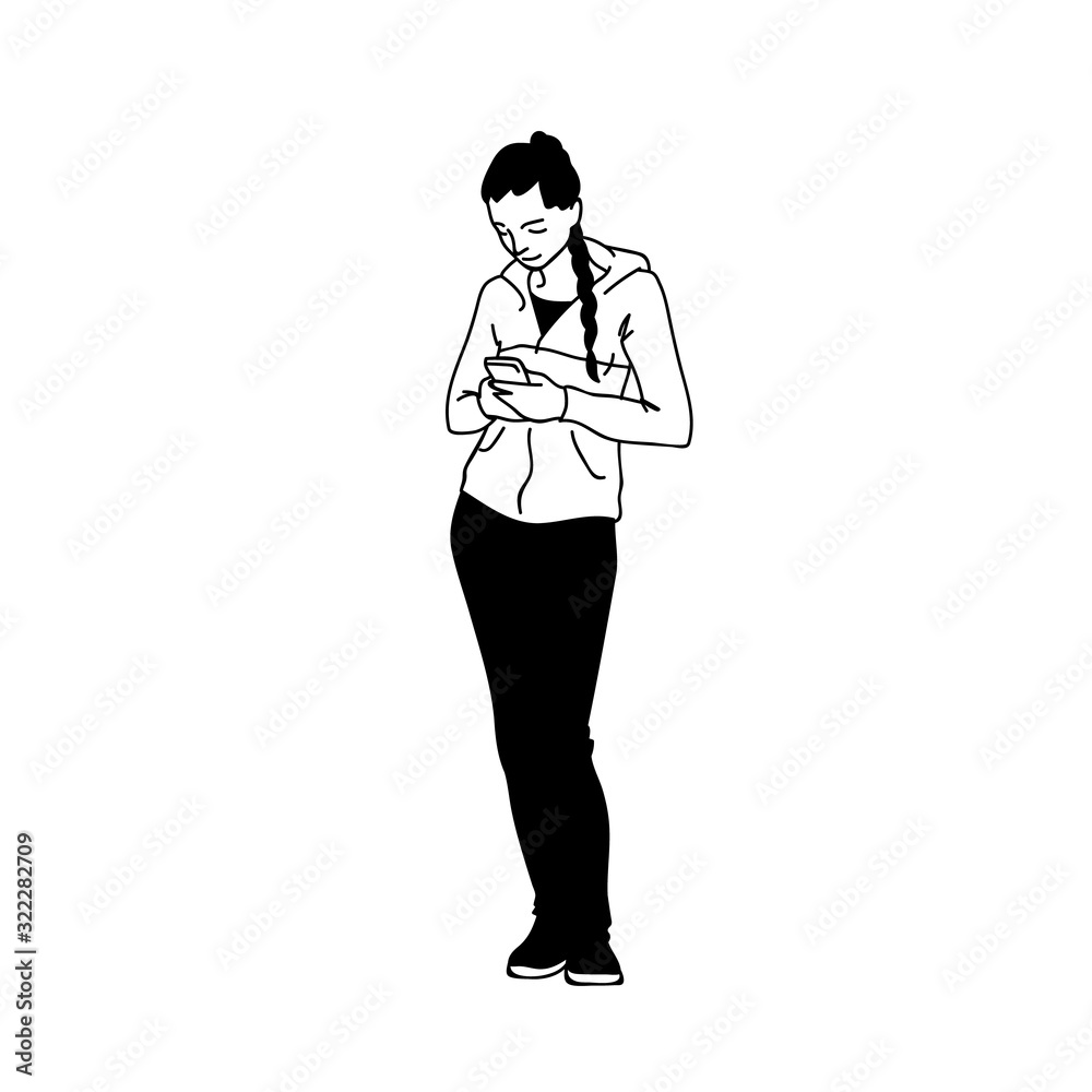 Sporty young woman looking in smartphone, communicating online. Side view. Monochrome vector illustration of girl with phone in simple line art style. Hand drawn sketch isolated on white background.
