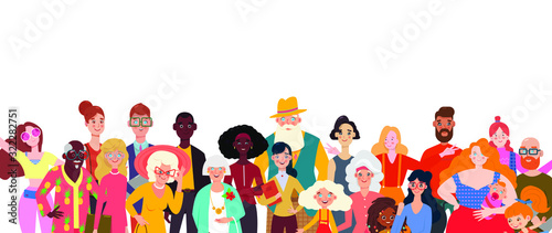 Multicultural team. People of different nationalities and age. Multinational society. Teamwork, cooperation, friendship concept. Society or population, social diversity. Flat vector illustration.