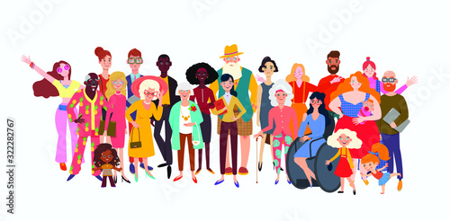 Multicultural team. People of different nationalities and age. Multinational society. Teamwork, cooperation, friendship concept. Society or population, social diversity. Flat vector illustration.
