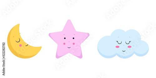 Vector illustration of cute cloud  moon and star. 