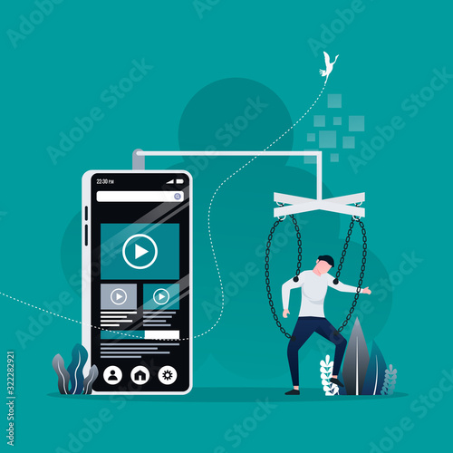 man found his body turn to be slave or puppet of big smart phone concept. social networks and video platform addiction metaphor. vector illustrationWeb