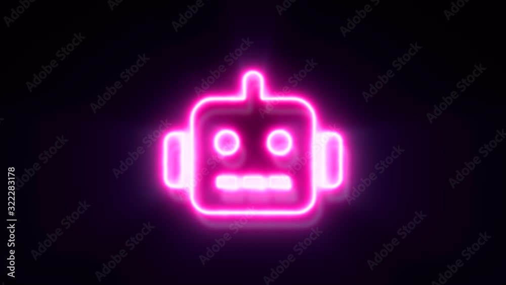 Pink neon robot face sign blinks and appear in center Pink neon robot face sign blinks and appear in center