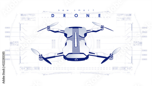 Remote control air drone. quadcopter flying with action video camera. graphic of drone control technology interface. Creative template with HUD futuristic elements.