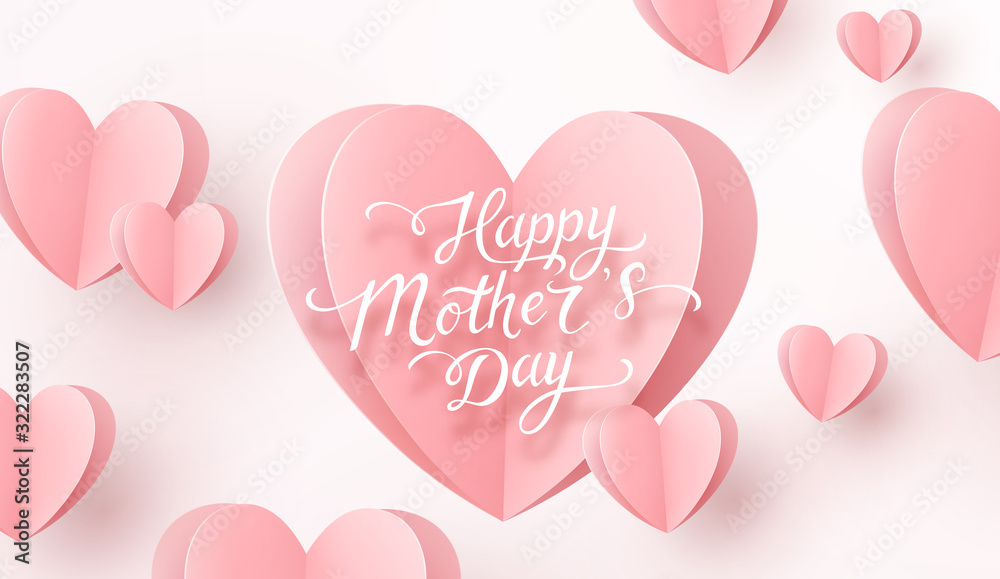 Postcard with pink flying paper hearts on white background. Vector symbols of love for Happy Mother's Day greeting card design.. Postcard with pink flying paper hearts on white background. Vector symbols of love for Happy Mother's Day greeting card design..