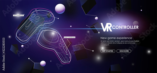 VR controller game set. Virtual reality experience. motion controller vr accessory. Modern template for web and print. Cross reality concept.