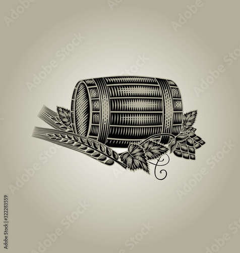 Engrave Vector Illustration of beer barrel hops and ears of wheat. Isolated Vector illustration photo