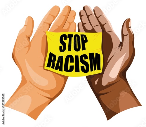 Stop racism. Hands and yellow flyer. MLK day. Flyer, banner or poster.
