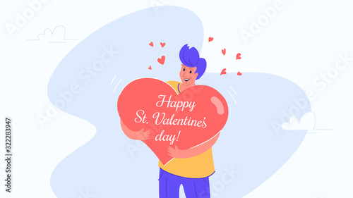 Happy smiling man hugging heart symbol as Valentines greeting card. Flat vector illustration of people who fell in love and celebrating Saint Valentines day. Romantic banner on white background