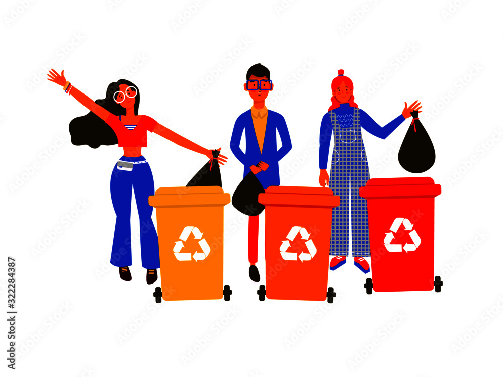 Happy group of people joyfully putting garbage inside recycling bins ...