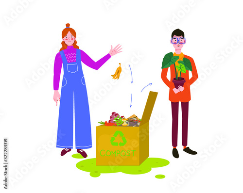 Man with woman making compost. compost bin with organic material. Compost for home flowers, Illustration of bio, organic fertilizer, waste recycling, compost, soil, agronomy. 