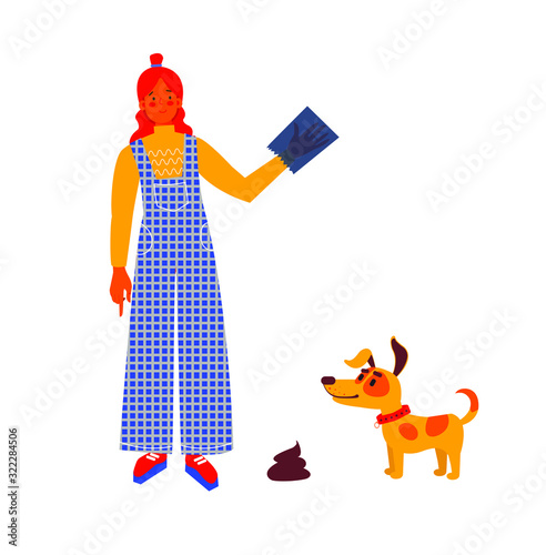 clean up after your dog. A young girl just picked a dog's poop inside a plastic bag. Clean sidewalk awareness message, to promote civility in a town.