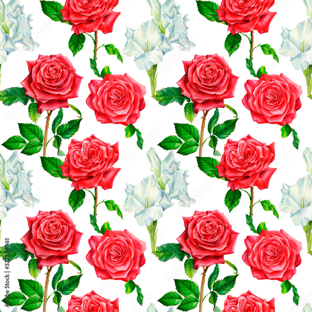 Floral seamless pattern, flower  roses, gladiolus on an isolated white background, watercolor flowers, botanical illustration