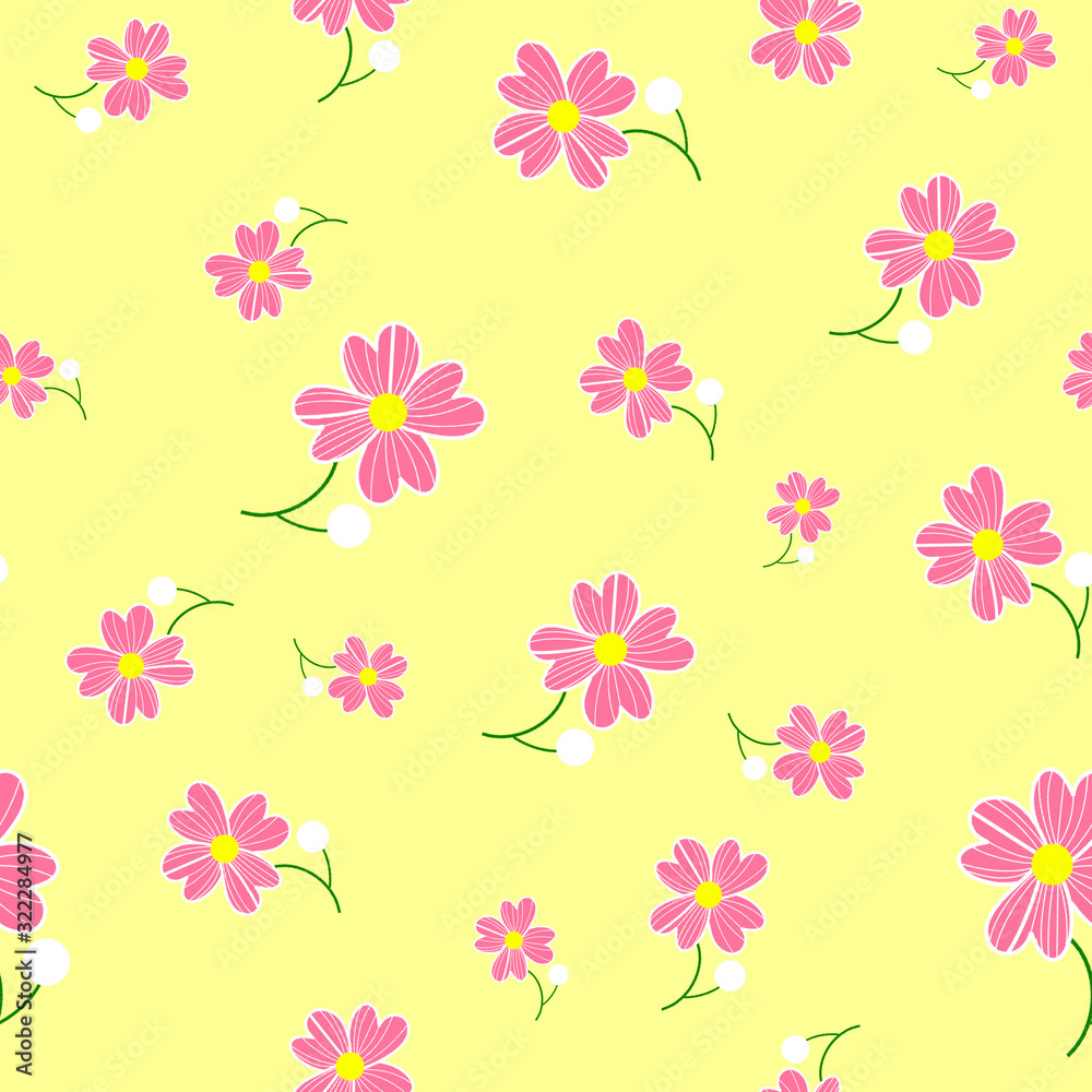 Seamless cute floral spting pattern background. Pink flower pattern on yellow background. Mothers Day, 8 March