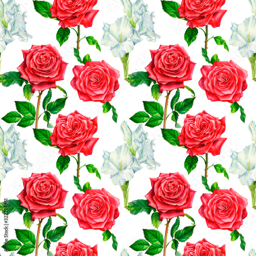 Floral seamless pattern, flower  roses, gladiolus on an isolated white background, watercolor flowers, botanical illustration © Hanna