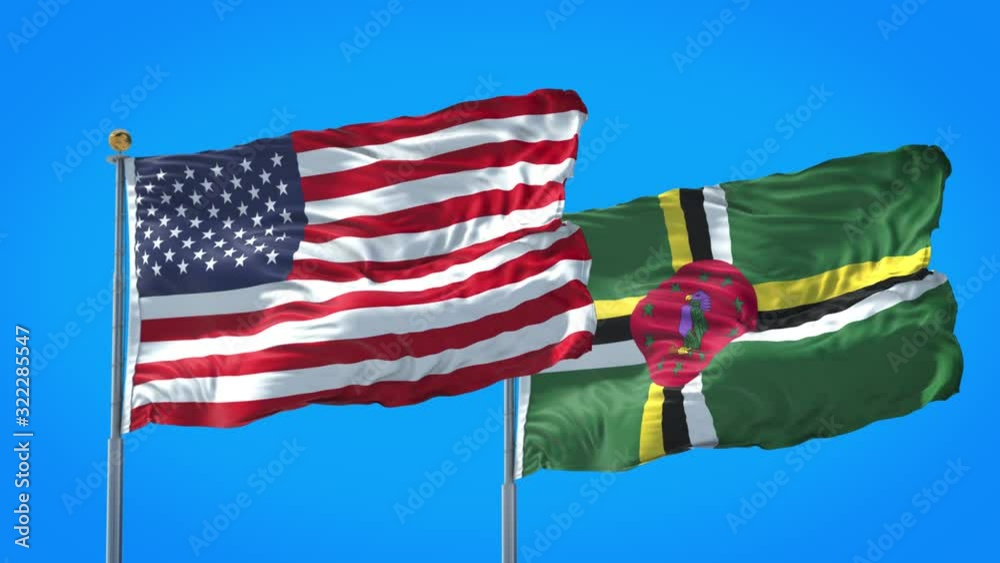 Dominica and United States flag waving in deep blue sky together. High Definition 3D Render. Dominica and United States flag waving in deep blue sky together. High Definition 3D Render.
