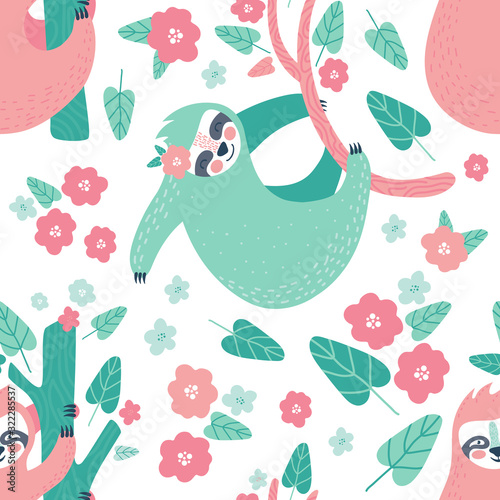 Seamless tropical pattern with funny sloths hanging on the tree. Adorable cartoon animal background. Rainforest set of cute sloths, flowers, leaves. Hand drawn design for fabric in scandinavian style.