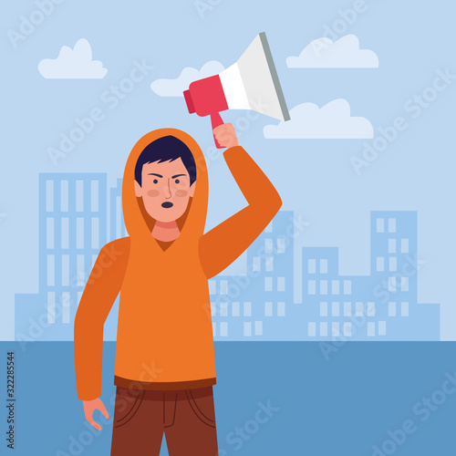 cartoon angry boy holding up a megaphone, colorful design
