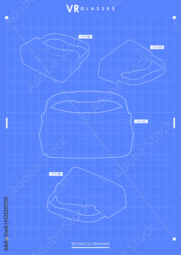 Vr game futuristic helmet or digital glasses. Modern template for web and print. Hi-tech device concept. technical drawing.