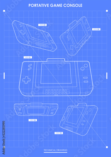 Retro handheld video game device, Modern template for web and print. Hi-tech device concept. technical drawing.