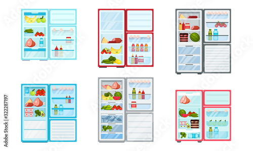 Open Refrigerator with Fresh Food Inside Vector Set