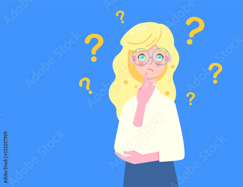 Smart woman with glasses is doubtful. moment of uncertainty on a blue background for this young blond girl. Question mark icons appear as female entrepreneur is wondering. 