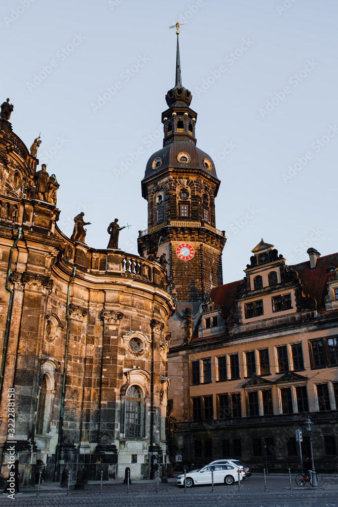 Fototapeta premium DRESDEN, GERMANY - MAY 1, 2019: The Hausmannsturm tower near the Hofkirche or Church of Court, Dresden's Cathedral.