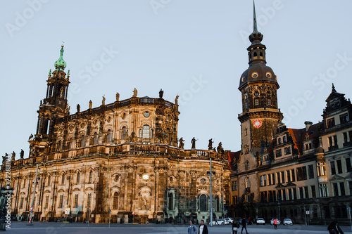 DRESDEN, GERMANY - MAY 1, 2019: The Hausmannsturm tower near the Hofkirche or Church of Court, Dresden's Cathedral.