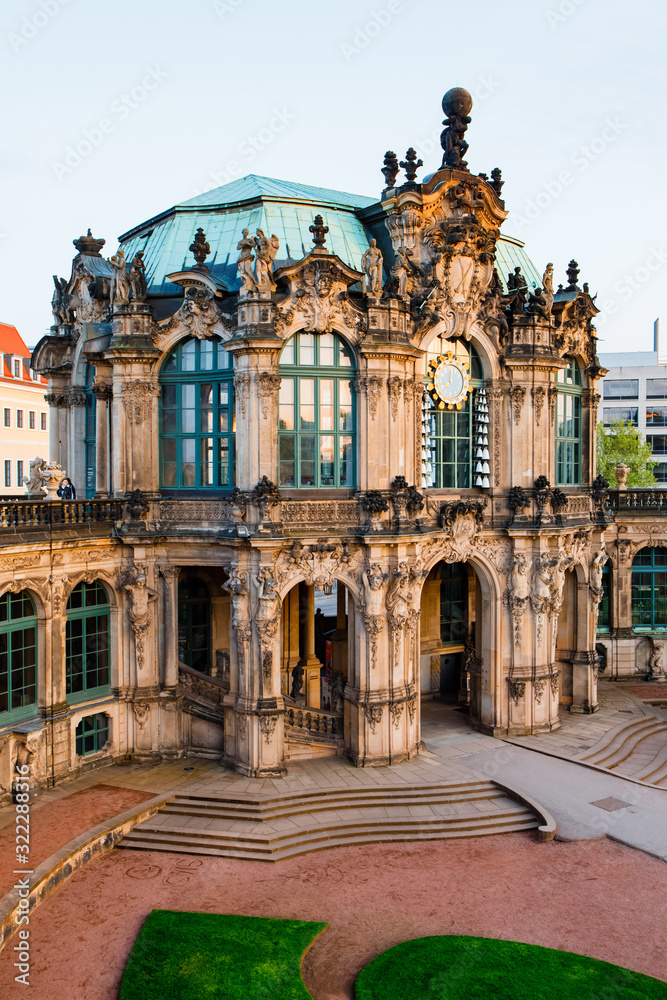 DRESDEN, GERMANY - MAY 1, 2019: The monumental building of Zwinger on the sunset