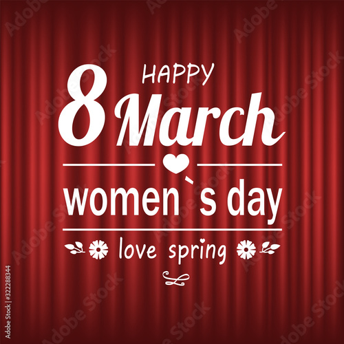 8 March womens day vector, celebration of holiday sketch with flower and inscription. Red curtain background, greetings for females girls. Bouquet of flora