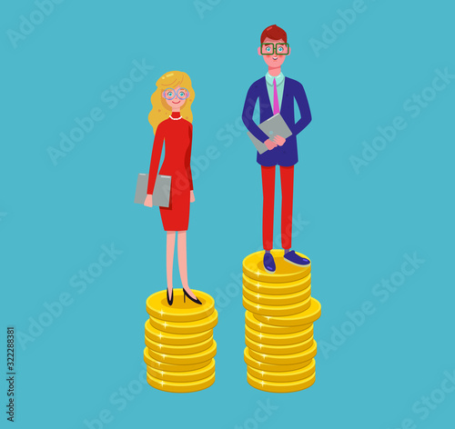 Woman and man standing on stack of coins, woman lower than man, gender inequality in income revenues. Modern flat vector illustration.