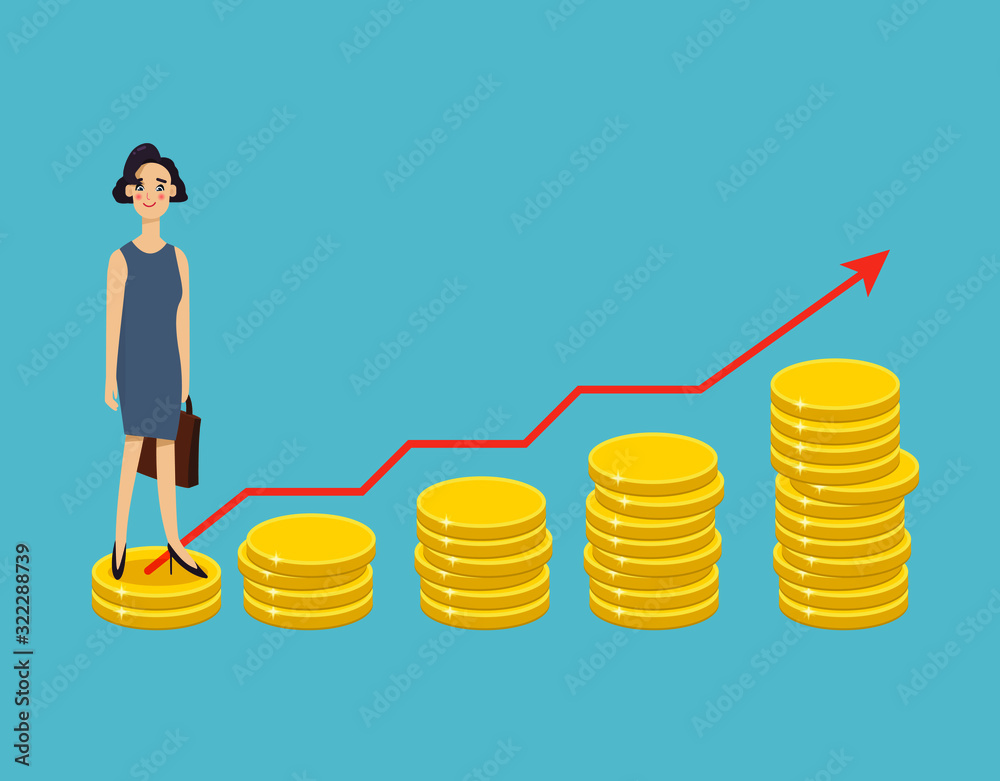 woman standing on stack of coin, salary increase for a woman, increase salary concept. Modern flat vector illustration. woman standing on stack of coin, salary increase for a woman, increase salary concept. Modern flat vector illustration.