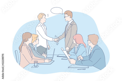 Business meeting, negotiation, team, agreement concept. Young businesmen and women have meeting at office. Two business teams bosses made deal or sign contract at negotiations shake each others hands.
