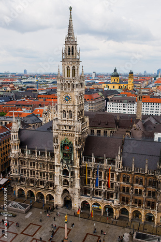 MUNICH  GERMANY - MAY 5  2019  The top of view from the tower on central old square Marienplatz of Munich and new Town Hall.