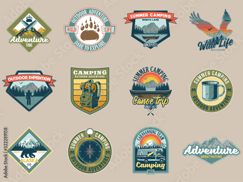 Set collection of vintage camping travel  badges