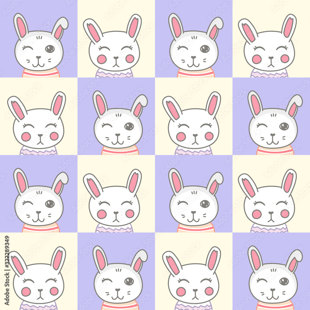 kawaii doodle bunny seamless pattern on yellow-purple background, cute domestic animal, lovely cartoon drawing pet, editable vector illustration for kids decoration, fabric, textile, paper