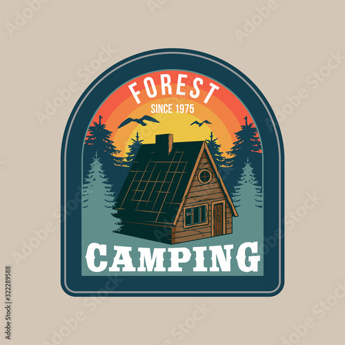 Vintage badge with Wooden forest house