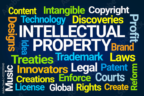 Intellectual Property Word Cloud on Blue Background