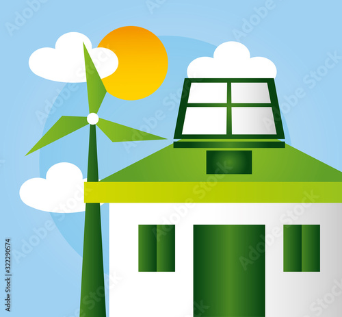 Fototapeta Naklejka Na Ścianę i Meble -  eco friendly poster with house and windmill energy