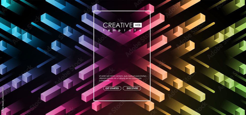 geometric 3d shapes, cubes and dynamic composition for brochure or web, futuristic template. Abstract colorful geometric isometric background.