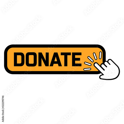 Hand push on donate button. Flat style vector logotype graphic design isolated on white background. Concept of beneficence sign or financial sponsorship
