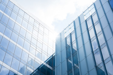 Low angle view of generic modern office skyscrapers