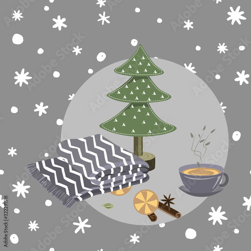 Cozy hygge Christmas things on seamless doodle hand drawn snowflakes background. Vector illustration