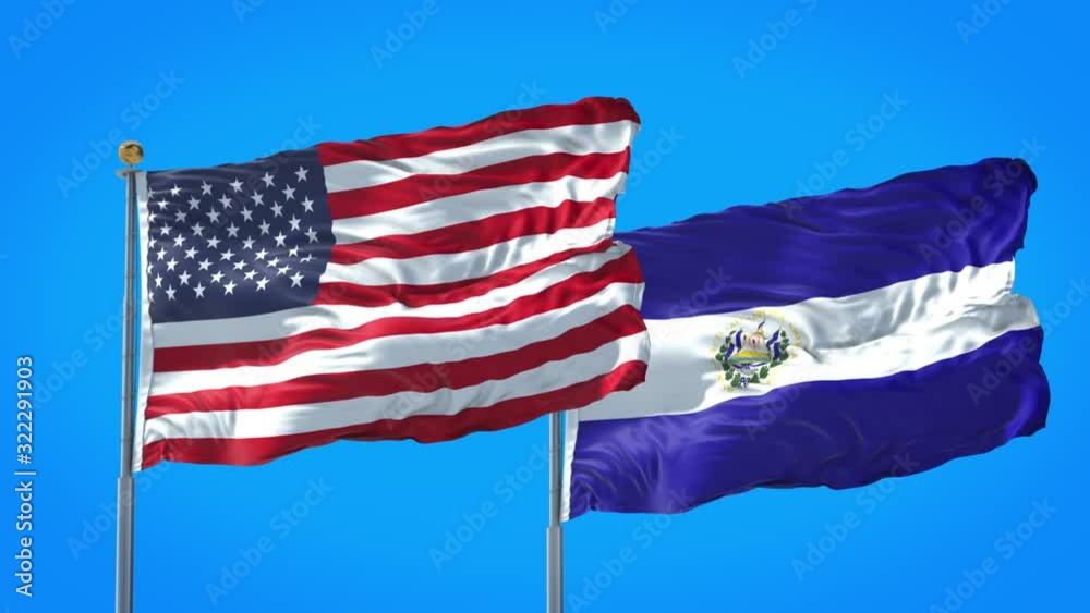 El Salvador and United States flag waving in deep blue sky together. High Definition 3D Render. El Salvador and United States flag waving in deep blue sky together. High Definition 3D Render.