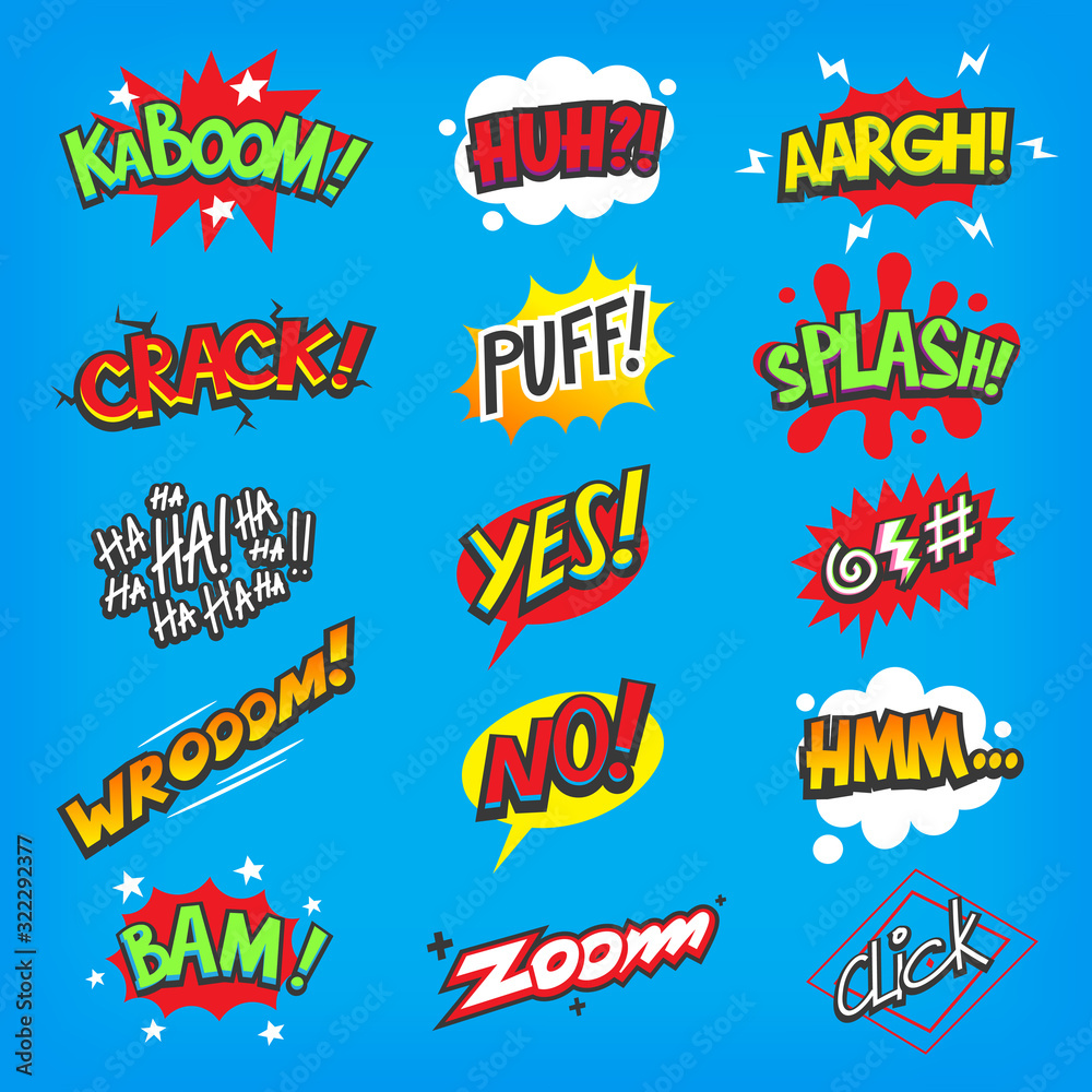 Fototapeta premium Set of colorful vector comic speech bubbles with sounds. Part II