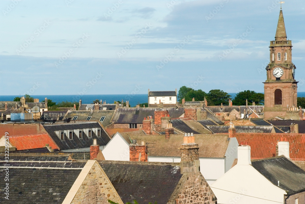 High angle view over rooftops of a small town in the north of england