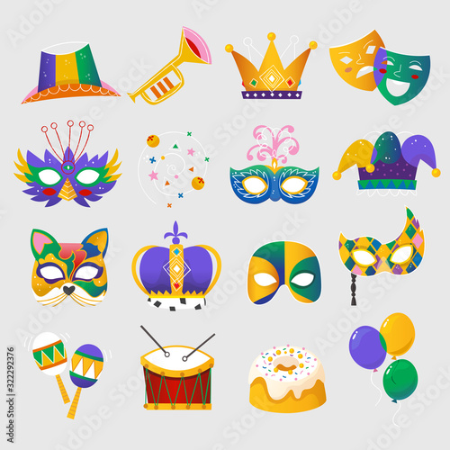 Set of colorful attributes for celebrating Mardi Gras - traditional spring holiday and carnival parade in New Orleans. Isolated vector elements  photo