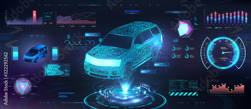 Polygonal Auto Hologram with HUD UI interface. Futuristic car service with scanning auto and data analysis. Dashboard elements and modern interface HUD. Crossover low poly, wireframe in line. Vector 