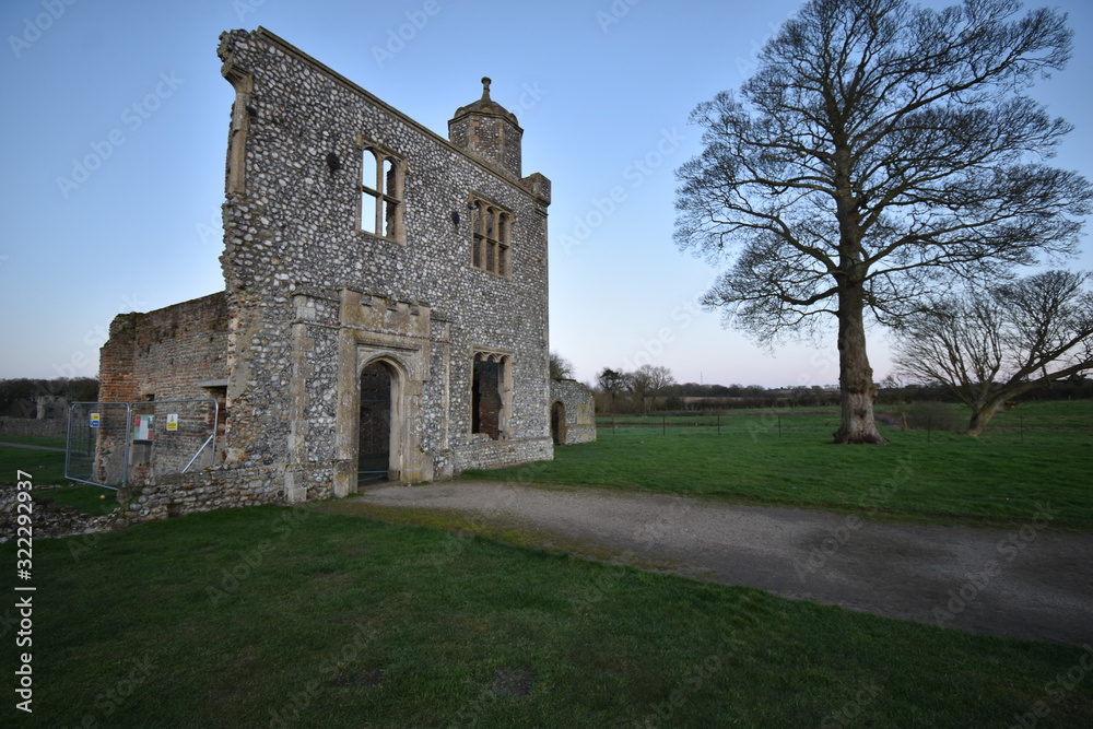 The outer gatehouse of Baconsthorpe Castle, a ruined manor house in Norfolk, England, UK.